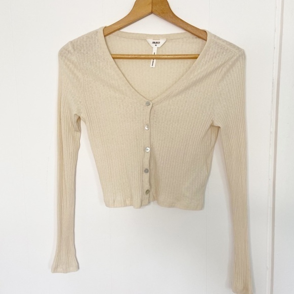 ASOS .object cream lightweight cardigan v neck ribbed cropped Xs‎